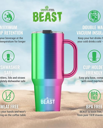 Beast 42 oz Tumbler with Handle Stainless Steel Vacuum Insulated Coffee Ice Cup Double Wall Travel Flask (Rainbow)