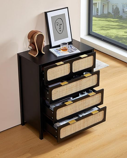 LEVNARY 4 Drawer Dresser for Bedroom, Rattan Dresser Drawers Storage Cabinet with Metal Handles, Wooden Chest of Drawers for Bedroom, Entryway, Living Room, Hallway (1, Black)