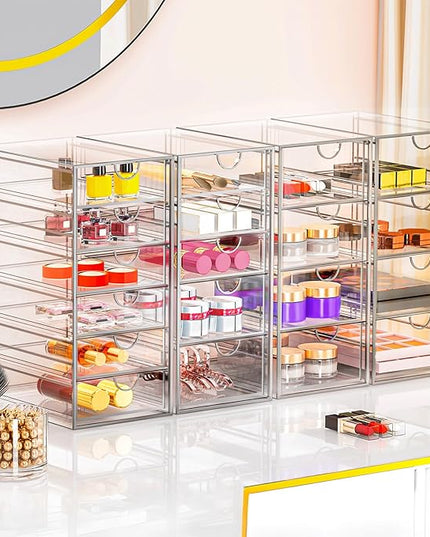 Acrylic Makeup Organizer with 19 Drawers, 4 Pack Clear Storage Drawers, Bathroom Makeup Organizer for Palettes, Cosmetic, and Beauty Supplies,Ideal for Vanity, Cabinet,Desk Organization