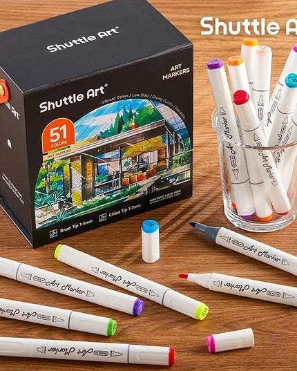 Shuttle Art Alcohol Markers Brush tip, Dual Tip Brush & Chisel Tip Art Marker Set, 50 Colors plus 1 Blender Permanent Marker Pens with Case Perfect for Illustration Students Adults Coloring