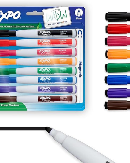 Expo Magnetic Dry Erase Markers with Eraser, Fine Tip, Assorted, 8 Count
