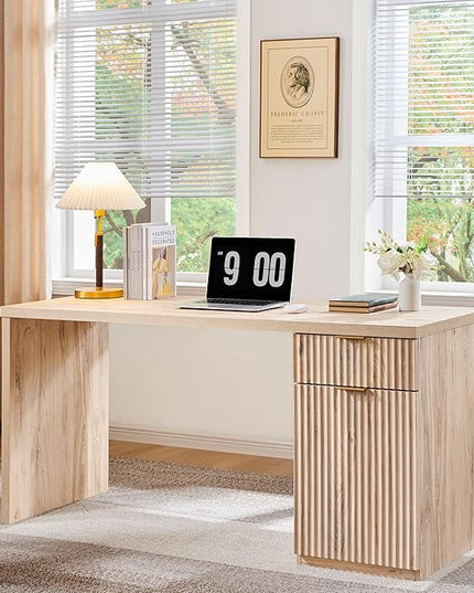 JXQTLINGMU 60" Modern Executive Desk with Storage, Wood Home Office Desk with Drawer & Cabinet, Fluted Computer Writing Desk for Study, Living Room, Bedroom, Oak
