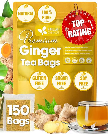 FreshDrinkUS, 150 Premium Ginger Tea Bags, Non GMO, 100% Natural & Pure from Ginger Root, Root Herbal Tea. No Sugar, No Caffeine, No Gluten, Vegan. Support Stronger Digestion, Pleasantly Spicy & Warming