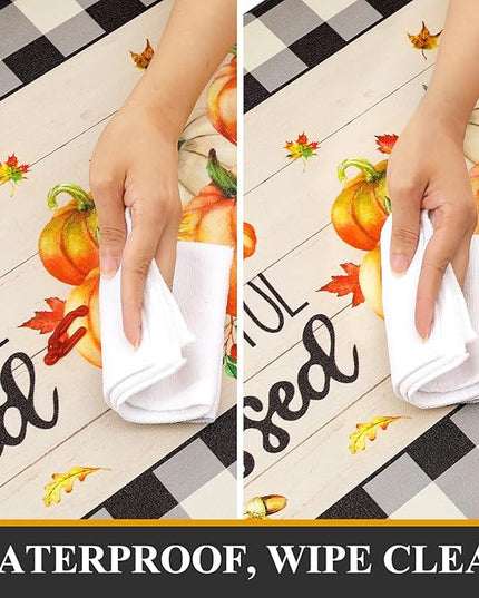 Pauwer Fall Kitchen Rugs Set of 2, Pumpkin Decorative Anti Fatigue Kitchen Mats for Floor, Farmhouse Buffalo Plaid Kitchen Mat Cushioned, Non Slip Kitchen Runner Floor Carpet Autumn Thanksgiving Decor