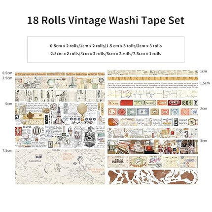 18 Rolls Vintage Washi Tape Set, Newspaper Building Map Retro Masking Tape 5/10/15/20/25/30/50/75mm Wide 6.56ft Long Decorative Scrapbook Tape for journaling, Scrapbooking Supplies, Junk Journal Craft
