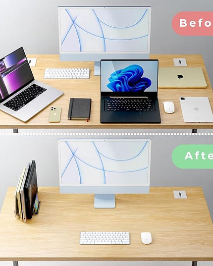 Vertical Laptop Stand Holder 5 Slots, Aluminum Space-Saving Laptop Holder, Adjustable Size Dock Tabletop Desk Organizer 3 Slot + 2 for Apple MacBook/Surface/PC/Tablet/iPad/iPhone (Space Gray)