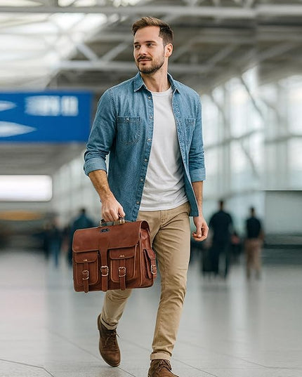 18 Inch Buffalo Leather Laptop Briefcase for Men Vintage Handmade Leather Messenger Bag for Work, Travel & Business – Rustic Brown Full Grain” Best Computer Satchel School distressed Bag