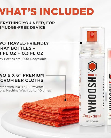 WHOOSH! Screen Shine Duo - Screen Cleaner Spray for iPad, Monitor, Laptop, MacBook - 3.4 oz & 0.3 oz Bottles with 2 Microfiber Cloths - Portable Electronic Cleaning Kit for Travel, Office, and Home