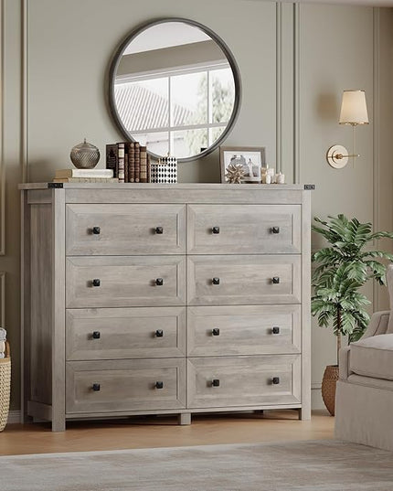 BORNOON Tall 8-Drawer Dresser, Modern Wooden Storage Chest of Drawers, Dresser TV Stand, Wood Drawer Organizer with Metal Handles for Bedroom, Living Room, Hallway