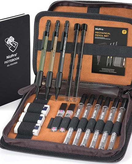 Nicpro 1.3mm Mechanical Pencil Set in Leather Bag with Waterproof Field Notebooks, 3PCS Metal Heavy Duty Carpenter Pencil with Lead Refill & Eraser for Outdoor Journal Travel Drafting Drawing