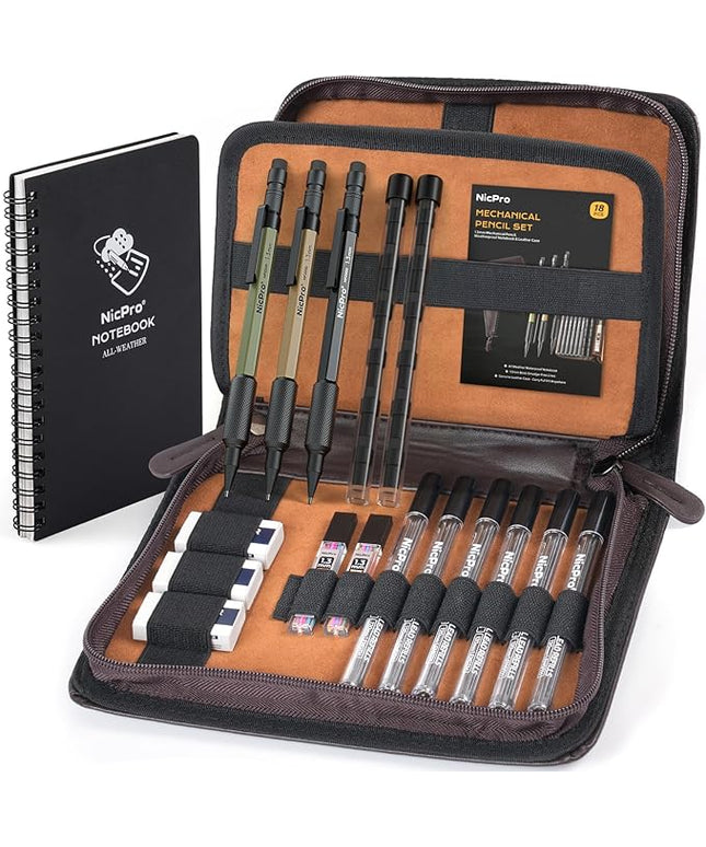 Nicpro 1.3mm Mechanical Pencil Set in Leather Bag with Waterproof Field Notebooks, 3PCS Metal Heavy Duty Carpenter Pencil with Lead Refill & Eraser for Outdoor Journal Travel Drafting Drawing