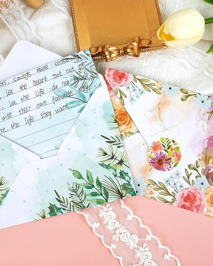160 Pcs Stationery Paper Envelopes Set Includes 50 Lined Writing Paper & 50 Envelopes with 60 Colorful Round Dot Stickers, Cute Vintage Floral Letter Writing and Stationery Paper Envelopes(10Style)