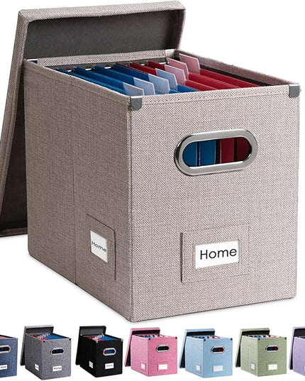 PRANDOM File Organizer Box - Set of 1 Collapsible Decorative Linen Filing Storage Hanging File Folders with Lids Office Cabinet Letter Size Light Grey (14x9.3x10.8 inch)