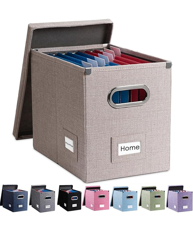 PRANDOM File Organizer Box - Set of 1 Collapsible Decorative Linen Filing Storage Hanging File Folders with Lids Office Cabinet Letter Size Light Grey (14x9.3x10.8 inch)