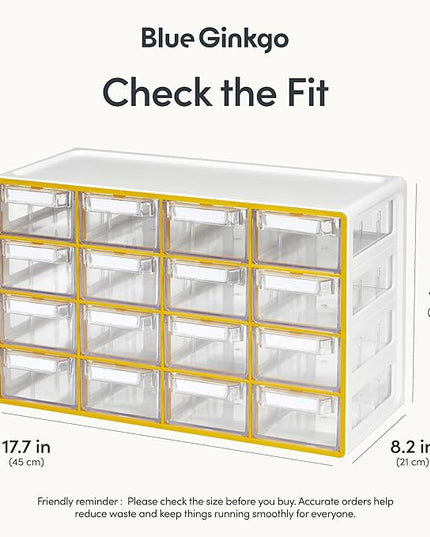 Blue Ginkgo Medium 16-Drawer Cabinet – Stackable Clear Organizer for Hardware, Beads, Plastic Bricks, Office, and Craft Storage (Made in Korea, Yellow)