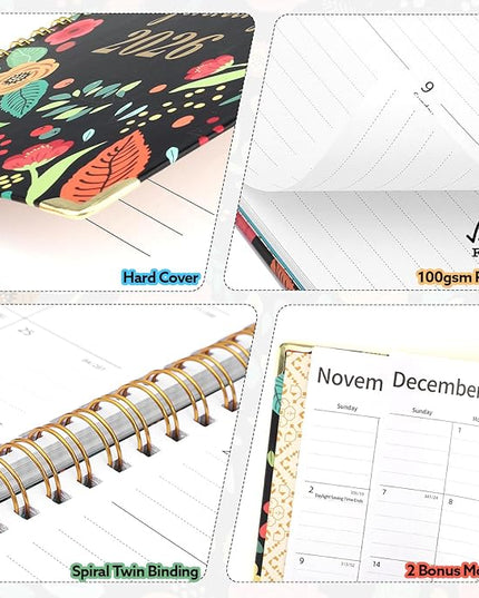 2026 Planner, Weekly and Monthly Planner, January 2026 - December 2026, Calendar Planner A5 (6.5" x 8.5") with Tabs, Inner Pocket for Home School Office Supplies, Black Flower