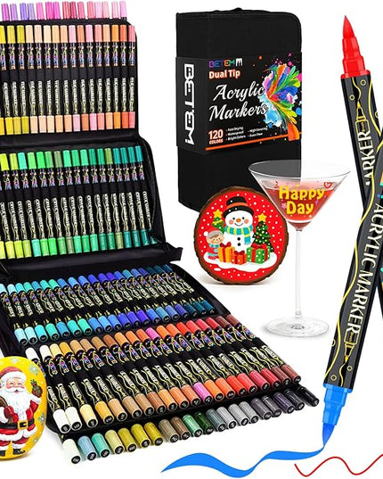 Betem Paint Markers Acrylic Paint Pens, Dual Tip 120 Colors Acrylic Markers with Brush Tip and Fine Point, Art Supplies for Wood, Canvas, Glass, Rock Painting Kit DIY Crafts Drawing Kit with Bag