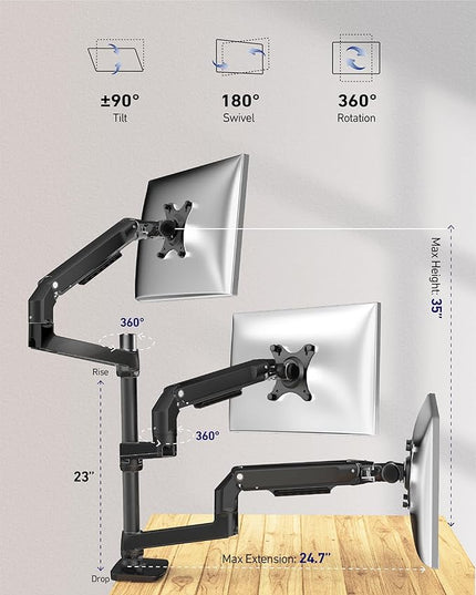 Triple Monitor Mount, Holds Screens up to 40 Inches and 25 lbs, Fully Adjustable 3 Monitor Desk Mount with C-Clamp and Grommet Base, Aluminum, Black