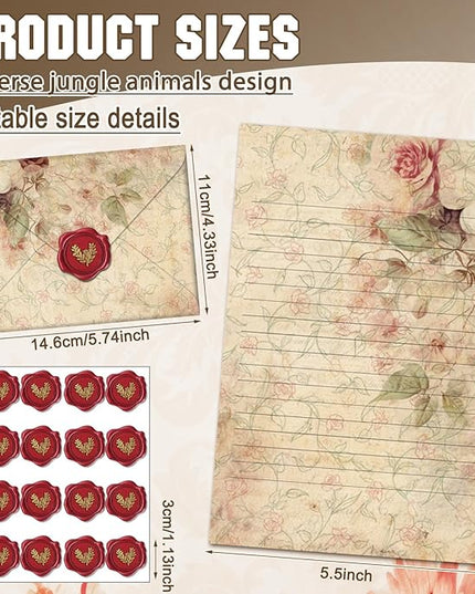 TaoBary 160 Pcs Stationery Paper Set 50 Double Sided Stationery Papers with 50 Matching Envelopes and 60 Round Dot Sticker, 10 Design(Vintage Floral,5.5 x 8.25 Inch)