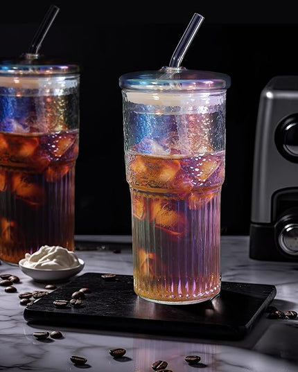 Joeyan 22 oz Iridescent Glass Tumbler with Straw and Lid for Iced Tea Coffee Smoothie Water Juice Beverages Soda,Ribbed Glasses Cups,Borosilicate Drinking Jar,Set of 2
