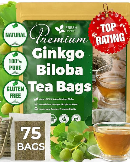 FreshDrinkUS, Premium 75 Ginkgo Biloba Leaf Tea Bags, 100% Natural & Pure from Ginkgo Biloba Leaves. Loose Leaf Herbal Tea. Made with Eco-Conscious Tea Bags. No Sugar, No Caffeine, No Gluten, Vegan.