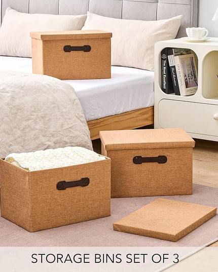 Enzk&Unity Decorative Storage Bins with Lids, Fabric Linen Foldable Storage Box with Handle Home Organizer for Shelf, Closet, Bedroom, Living Room, Office, 3 Packs, Brown