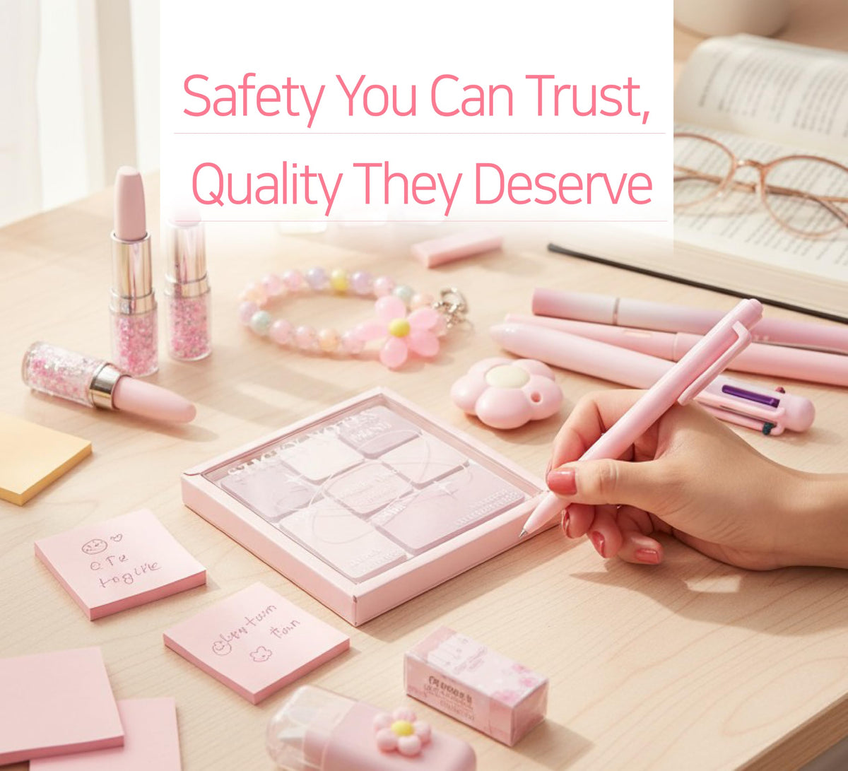 DDIRORY FRIENDS 18 Pcs Cute Pink Stationery Set Aesthetic Makeup Shaped School Supplies Kawaii Office Supplies Kit Highlighters Pens Eraser Everlasting Pencil Sticky Notes Pouch Gift for Girls