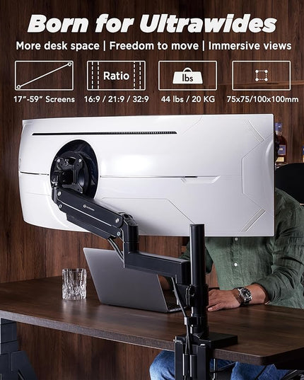 Heavy Duty Monitor Arm for Ultrawide Monitors up to 57" and 44 lbs, Single Desk Stand, Pneumatic Height Adjustable, Modular Extension Arms - Max VESA 100x100, Black, MA20P-S