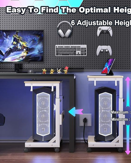 Height Adjustable Computer Tower Stand with Charge Station and USB Charging Port, 2-Tier ATX-Case Cart, Under Desk Mobile PC Stand, CPU Holder Cart with Locking Caster Wheels for Fits Most PC