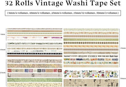 Bomichi 32 Rolls Vintage Washi Tape, Aesthetic Colored Decorative Cute Scrapbook Tape for Scrapbooking Supplies Journaling Craft Junk Journal