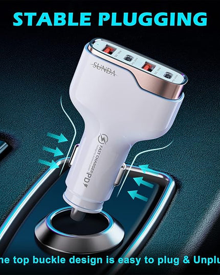 SUNDA 60W USB C Fast Car Charger, 4-Ports Car Charger Adapter, Dual Type C PD30W/PPS30W Compatible with iPhone17/16/15 Pro/Max/iPhone14/iPad Pro/Galaxy/SamsungS25, Dual USB-A 18W QC3.0 for Android