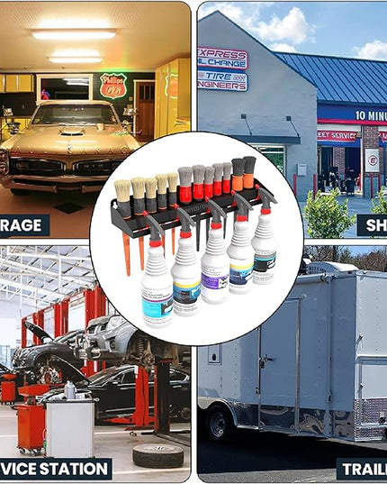 UNITEDPOWER Brush and Trigger Bottle Holder, Wall Mount Storage Rack Organizer for Auto Repair Shops Car Washes And Home Garages, Stores up to 12 Detailing Brushes & Hanging Rail for Bottles