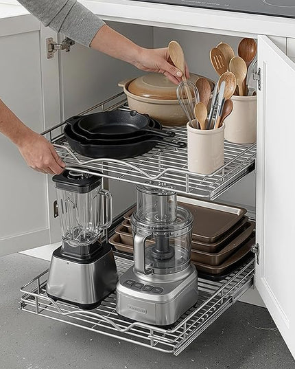 HOLDN’ STORAGE Two Tier Pull Out Cabinet Organizer, Individual Sliding Drawers - Heavy Duty Metal with Lifetime Limited Warranty - Anti Rust Chrome Finish - 11" W x 21”D x 16.5" H