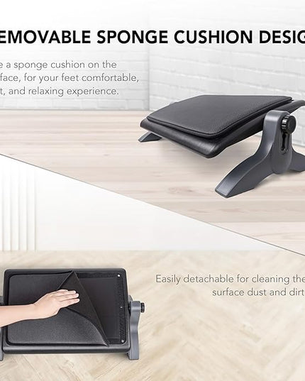 EHO Ottoman, Ergonomic Foot Rest for Under Desk, Adjustable Height and Angle, Sponge Platform, Anti-Slip, Ankle Support, Detachable Washable Cushion, Back and Leg Pain Relief, 21.6" L x 11.4" W, Black