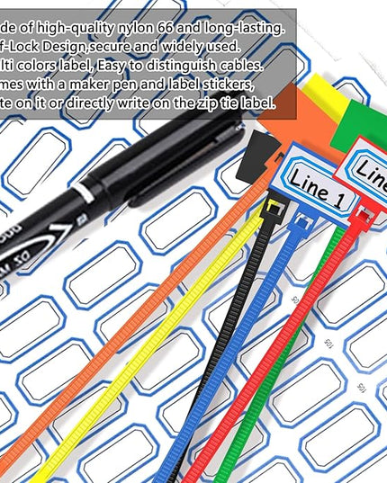 250pcs 6 inch Wire Zip Ties, Self-locking Nylon Cable Tags Labels, Multicolor Written-on Cable Mark Ties Zip Tie Tags for Wire Marking and Organizing
