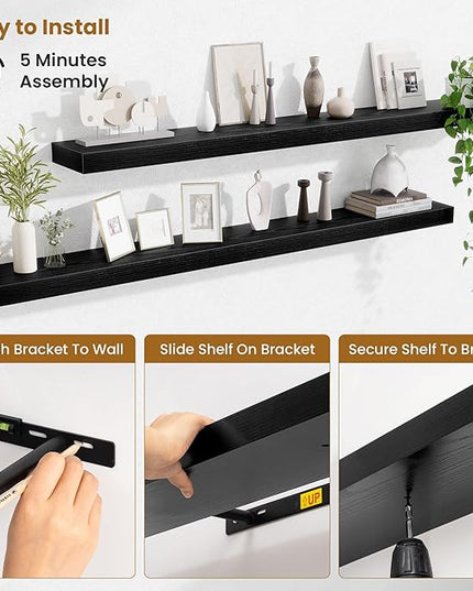 Fun Memories 55 Inch Floating Shelves Bedroom, Large Extra Floating Shelf Set of 2 with Invisible Brackets, Black