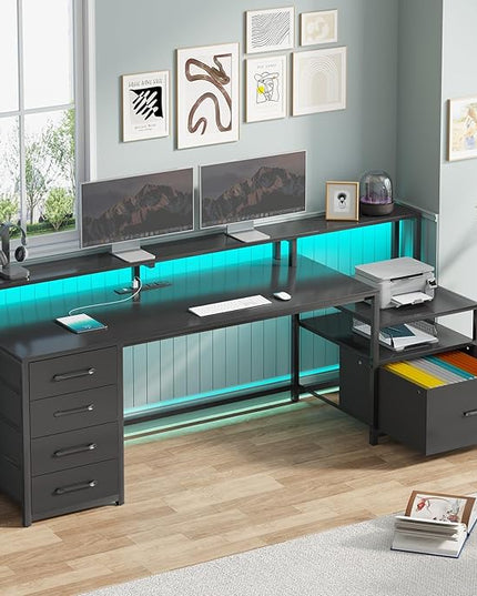 SEDETA Computer Desk with 5 Drawer, Power Outlet & Led Lights, 66'' Home Office Desk with File Drawer, Storage, Monitor Shelf, Gaming Desk, Black
