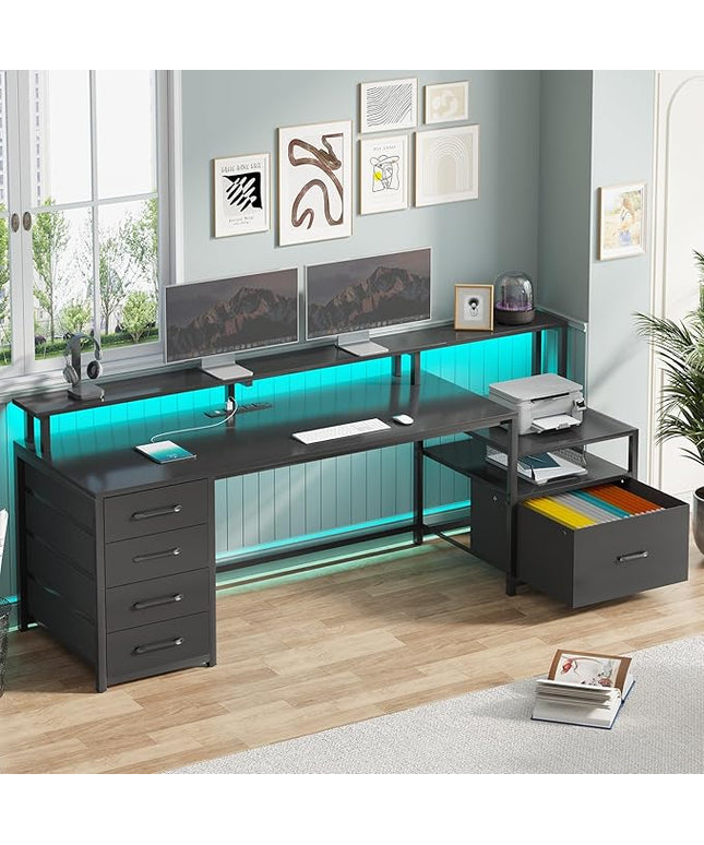 SEDETA Computer Desk with 5 Drawer, Power Outlet & Led Lights, 66'' Home Office Desk with File Drawer, Storage, Monitor Shelf, Gaming Desk, Black