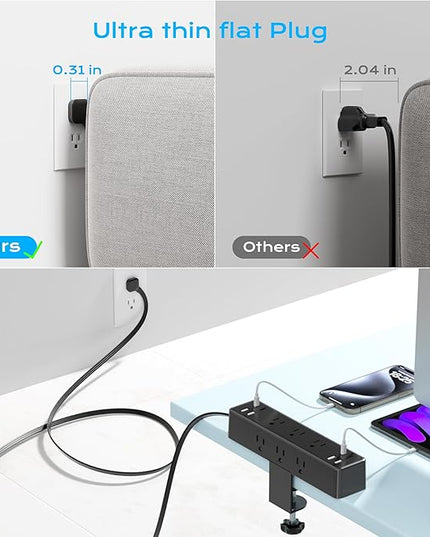 Flat Plug Desk Clamp Power Strip 10FT, 40W Total Fast Charging Station, Dual PD 20W USB C Ports, Desk Edge Mount Power Strip 9 AC Outlets 8 USB Ports(4 USB C) Surge Protector, Fit 1.7" Tabletop Edge