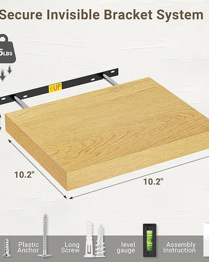Vivelove 10" Deep Floating Shelves Over Toilet, 10.2" Wall Shelves for Bathroom Bedroom Kitchen Living Room Laundry Room, Modern Rustic Shelves for Home Decor, 10.2"x10.2"x1.5", Set of 2, Oak