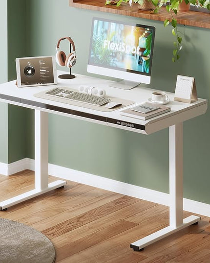 FLEXISPOT One-Piece 48" Standing Desk with Acrylic-Front Drawer, Fast-Assembly Ergonomic Sit-to-Stand Desk with MDF Top, 4 Height Memory Presets Touch-Control, Home Office Computer Workstation, White
