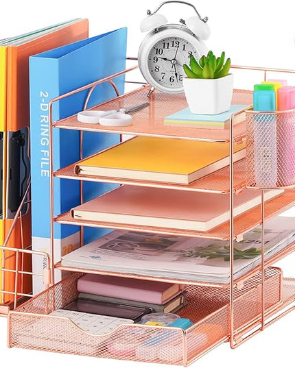 Marbrasse Rose Gold Desk Organizer with File Holder, 5-Tier Paper Letter Tray Organizer and Drawer, Mesh Desktop Storage with Magazine Holder for Office Supplies