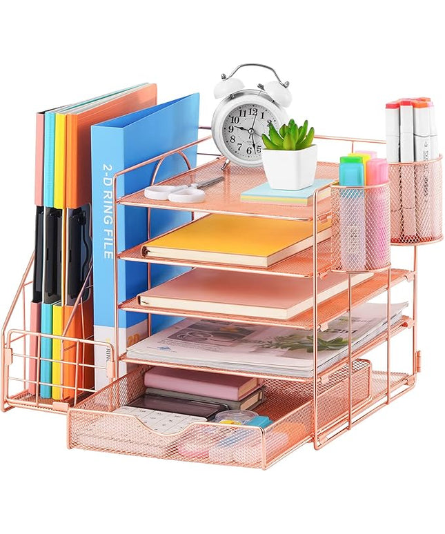 Marbrasse Rose Gold Desk Organizer with File Holder, 5-Tier Paper Letter Tray Organizer and Drawer, Mesh Desktop Storage with Magazine Holder for Office Supplies