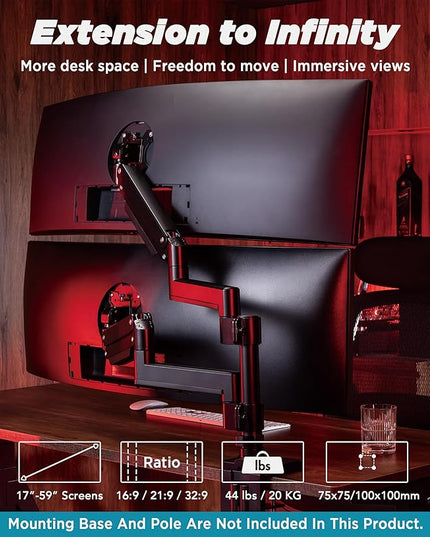 Heavy Duty Extension Arm [Accessory Only - Requires MA20P-S Single Monitor Arm for Use] Dual 49" Vertical Stacked Monitor Mount Height Adjustable - 100x100 VESA Mount, Black, MA20P-A