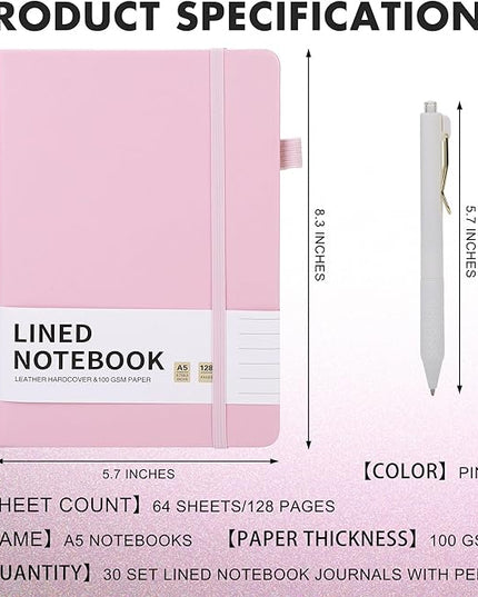 Aodaer 30 Set Lined Notebook Journals with Pens A5 Notebooks 100 GSM College Ruled Hardcover Notebook PU Leather Notepad with Pen Holder for Office School, 5.7 x 8.3 Inches, Pink