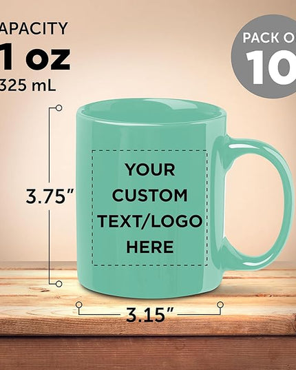 Custom Ceramic Coffee Mugs 11 oz. Set of 10, Personalized Bulk Pack - Coffee cup set, Iced coffee cup, Gaming mug - Tiffany Teal