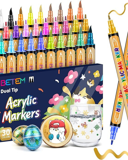 Betem 30 Metallic Acrylic Paint Markers, Dual Tip Acrylic Paint Pens with Brush Tip and Fine Tip, Art Supplies for Rock Painting, Wood, Stone, Glass, Ceramic, DIY Crafts Making Drawing Kit