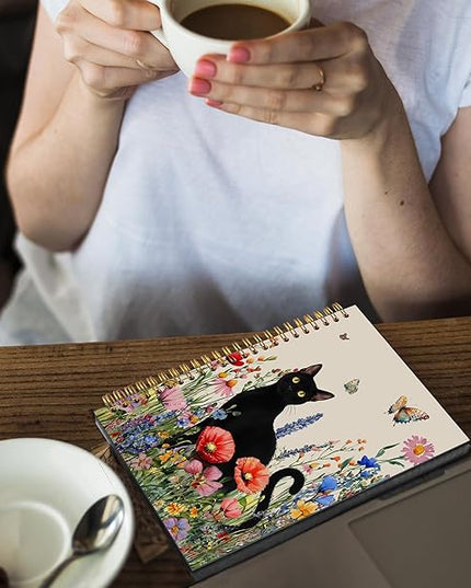 Moody Black Cat Spiral Notebook Journal 5.5x8.3, Wildflower Butterfly Black Kitten Journal, Cat Lover Mom Lady Gifts for Women Girls, Colorful Flower Pet Journaling Notebooks