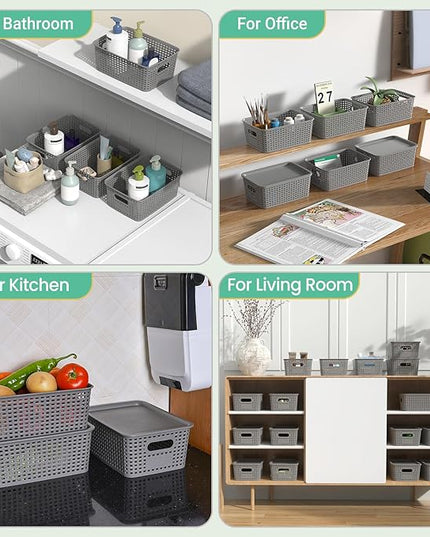 Plastic Storage Baskets with Lid-Plastic Storage Containers Stackable Storage bins: Storage Baskets for Organizing Shelves Drawers Desktop Closet Playroom Classroom Office, 8Pack-Gray,10.2x7.2x4.1Inch