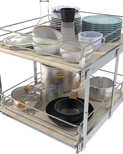 2 Tier Pull Out Cabinet Organizer 20" W X 22" D, Slide Out Drawers For Kitchen Cabinets, Pull Out Drawers For Cabinets Capacity Heavy Duty Caddy, Cabinet Pullout Shelves Wood Chrome, Pantry Storage